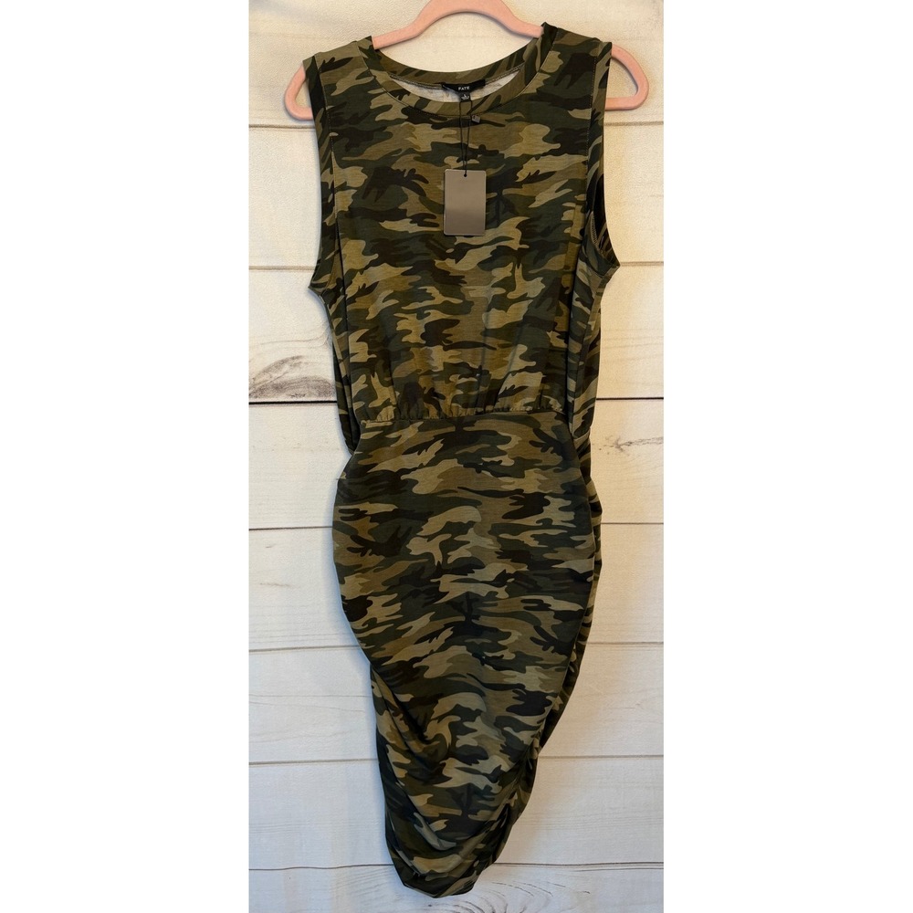 Fate Womens Camo Print Sleeveless Ruched Asymmetrical Midi Dress Green Large NWT
